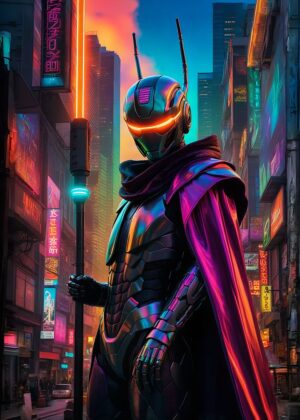 Android Cyber Lord: Cyberpunk Warrior Art Print - Premium Wooden Framed Poster. Ready to Hang.