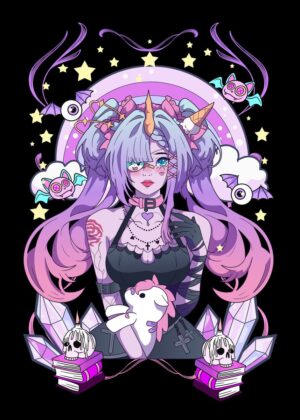 Pastel Goth Anime Girl with Unicorn: Kawaii Art Print - Premium Wooden Framed Poster. Ready to Hang.