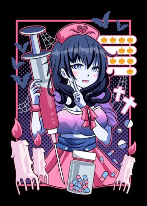 Pastel Goth Anime Nurse Halloween Art Print - Premium Wooden Framed Poster. Ready to Hang.