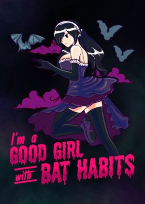 Gothic Anime Girl with Bats - Premium Wooden Framed Poster. Ready to Hang.
