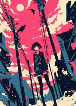 Anime Girl in Urban Twilight - Premium Wooden Framed Poster. Ready to Hang.