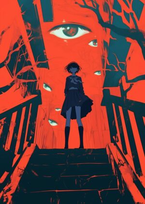 Anime Girl in Crimson Alleyway: Digital Art Print - Premium Wooden Framed Poster. Ready to Hang.