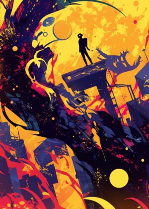 Silhouette in a Splashy World: Vibrant Abstract Art - Premium Wooden Framed Poster. Ready to Hang.
