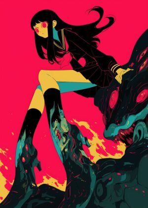 Anime Girl and Grotesque Creature Artwork - Premium Wooden Framed Poster. Ready to Hang.