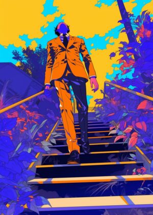 Man in Orange Suit Climbing Steps in Vibrant Setting - Premium Wooden Framed Poster. Ready to Hang.