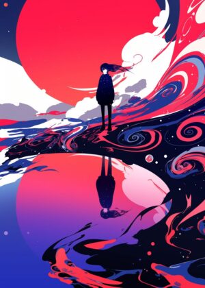 Silhouette Girl in Cosmic Landscape: A Dreamlike Artwork - Premium Wooden Framed Poster. Ready to Hang.
