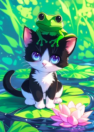 Adorable Cat and Frog Friends Artwork - Premium Wooden Framed Poster. Ready to Hang.
