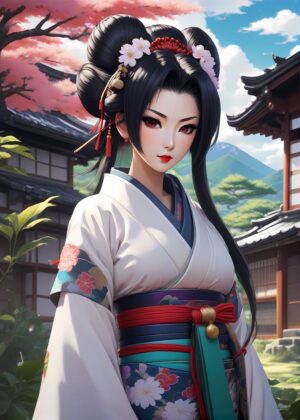 Anime Geisha in Kimono: Elegant Japanese Artwork - Premium Wooden Framed Poster. Ready to Hang.