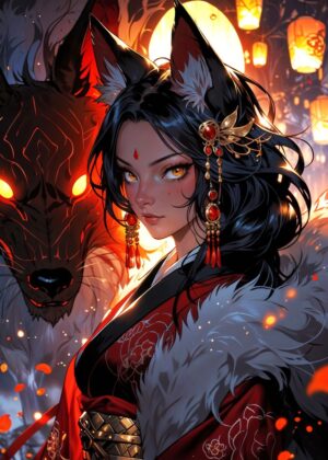 Mystical Fox Spirit Woman Art Print - Premium Wooden Framed Poster. Ready to Hang.