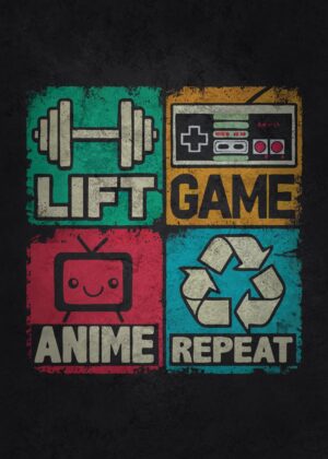 Lift Game Anime Repeat: A Retro Gamer's Lifestyle - Premium Wooden Framed Poster. Ready to Hang.