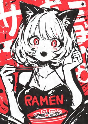 Anime Cat Girl Ramen: Deliciously Kawaii Artwork - Premium Wooden Framed Poster. Ready to Hang.