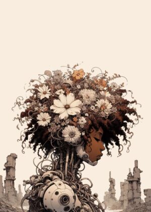 Cyborg Woman with Flowers: A Post-Apocalyptic Vision - Premium Wooden Framed Poster. Ready to Hang.