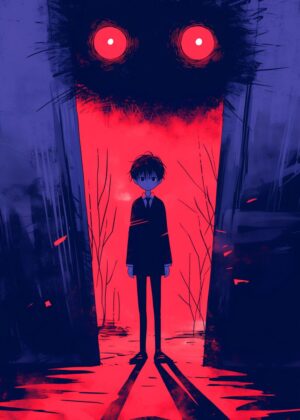 Boy Facing Shadow Monster: Digital Art Print - Premium Wooden Framed Poster. Ready to Hang.