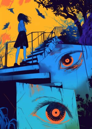 Anime Girl and Giant Eyes: A Surreal Journey - Premium Wooden Framed Poster. Ready to Hang.