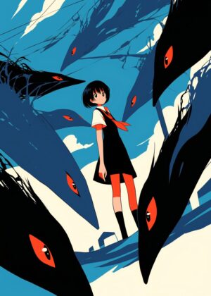 Anime Girl Confronts Mysterious Creatures - Premium Wooden Framed Poster. Ready to Hang.