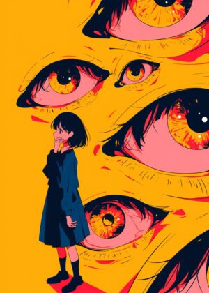 Anime Girl Surrounded by Giant Eyes Art Print - Premium Wooden Framed Poster. Ready to Hang.