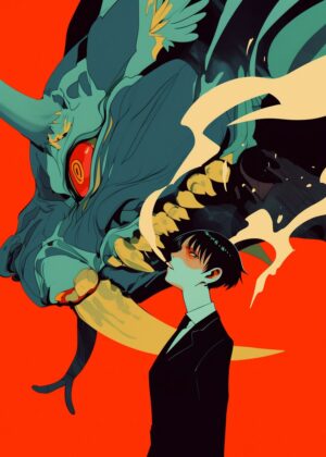 Anime Demon and Man: A Striking Artwork - Premium Wooden Framed Poster. Ready to Hang.