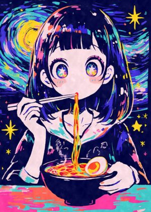 Starry Night Ramen Girl: Vibrant Anime Art Print - Premium Wooden Framed Poster. Ready to Hang.