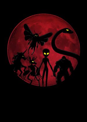 Mythical Creatures Silhouette Under Blood Moon - Premium Wooden Framed Poster. Ready to Hang.