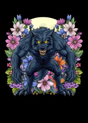 Werewolf in Bloom: A Mystical Floral Artwork - Premium Wooden Framed Poster. Ready to Hang.