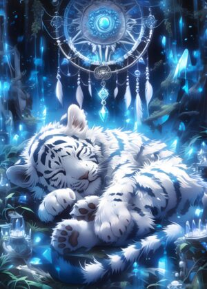 Sleeping White Tiger Dreamcatcher Art Print - Premium Wooden Framed Poster. Ready to Hang.