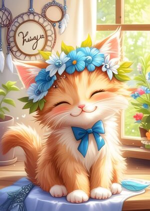 Adorable Kitten with Flower Crown: A Whimsical Digital Art Print - Premium Wooden Framed Poster. Ready to Hang.