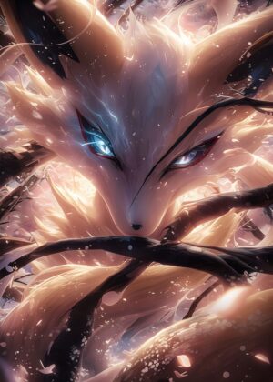 Mystical Nine-Tailed Fox Spirit Art Print - Premium Wooden Framed Poster. Ready to Hang.