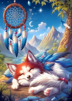 Sleeping Fox Dreamcatcher: Whimsical Fantasy Art Print - Premium Wooden Framed Poster. Ready to Hang.