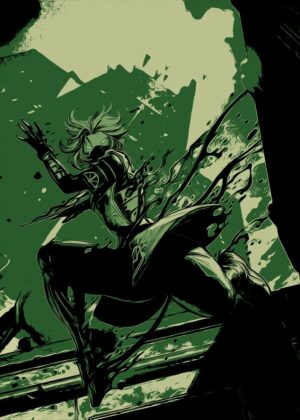 Green Anime Warrior: Dynamic Action Art Print - Premium Wooden Framed Poster. Ready to Hang.