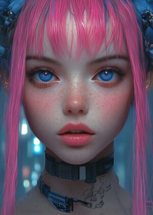 Cyberpunk Anime Girl: Digital Art Print - Premium Wooden Framed Poster. Ready to Hang.