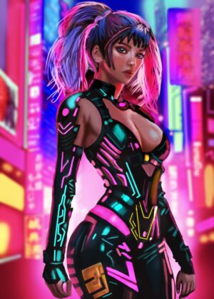 Cyberpunk Neon City Woman Art Print - Premium Wooden Framed Poster. Ready to Hang.