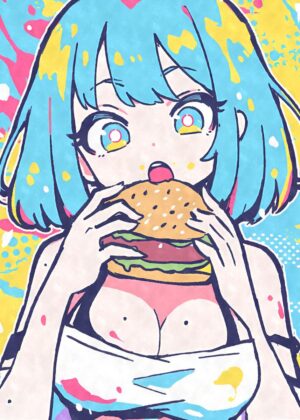 Anime Girl Devouring a Burger - Premium Wooden Framed Poster. Ready to Hang.