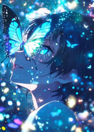 Enchanted Anime Girl with Butterfly - Premium Wooden Framed Poster. Ready to Hang.