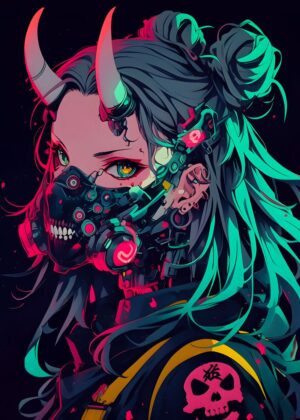 Cyberpunk Anime Girl Art Print - Premium Wooden Framed Poster. Ready to Hang.
