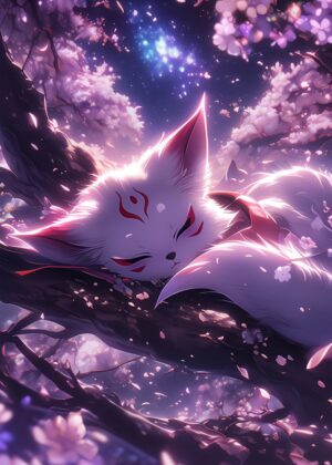 Sleeping Kitsune in Cherry Blossom Dream - Premium Wooden Framed Poster. Ready to Hang.