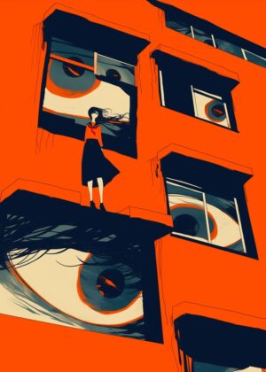 Girl on the Ledge: A Surreal Urban Scene - Premium Wooden Framed Poster. Ready to Hang.