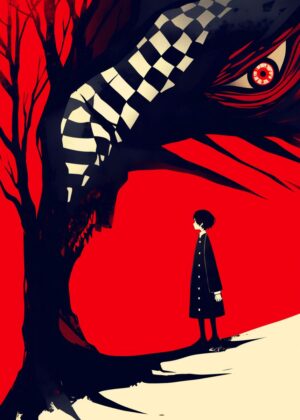 Red Eye Monster: Confrontation - Premium Wooden Framed Poster. Ready to Hang.