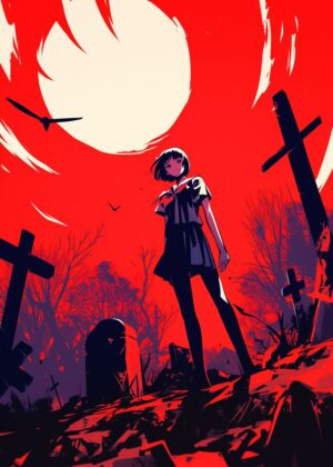 Anime Girl in a Crimson Cemetery - Premium Wooden Framed Poster. Ready to Hang.