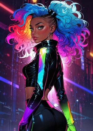 Cyberpunk Rainbow Hair Girl Art Print - Premium Wooden Framed Poster. Ready to Hang.