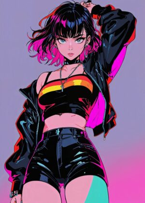 Neon Dreams: Anime Girl Art Print - Premium Wooden Framed Poster. Ready to Hang.