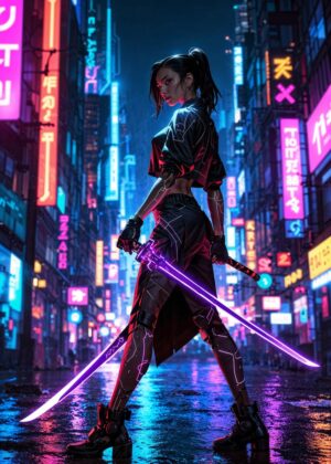 Cyberpunk Warrior: Neon City Nights - Premium Wooden Framed Poster. Ready to Hang.
