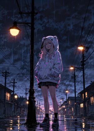 Rainy Night Anime Girl Art Print - Premium Wooden Framed Poster. Ready to Hang.
