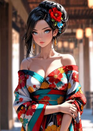 Anime Girl in Traditional Japanese Kimono - Premium Wooden Framed Poster. Ready to Hang.