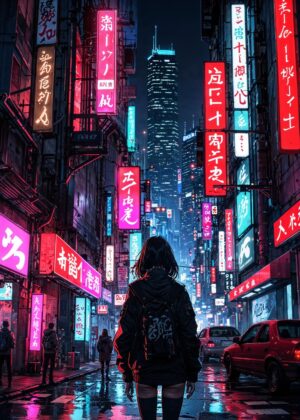 Neon Nights: Cyberpunk Cityscape Artwork - Premium Wooden Framed Poster. Ready to Hang.