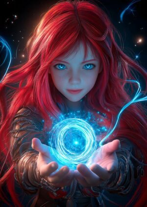 Red-Haired Mage and Mystical Orb: Fantasy Art Print - Premium Wooden Framed Poster. Ready to Hang.