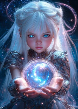 Young Mage with Crystal Orb: Fantasy Art Print - Premium Wooden Framed Poster. Ready to Hang.