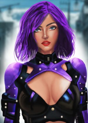 Violet Cyberpunk Beauty: Digital Art Print - Premium Wooden Framed Poster. Ready to Hang.