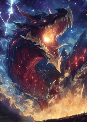 Fiery Dragon Night Sky Art Print - Premium Wooden Framed Poster. Ready to Hang.