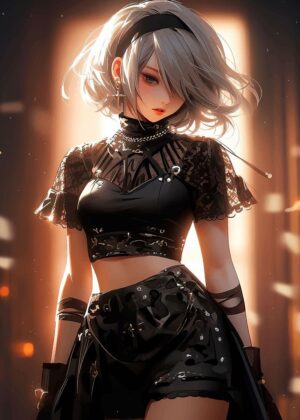 2B Anime Art Print: Elegant and Powerful - Premium Wooden Framed Poster. Ready to Hang.