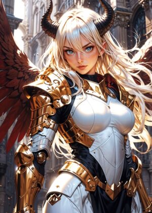 Celestial Warrior Angel: Gilded Armor Artwork - Premium Wooden Framed Poster. Ready to Hang.